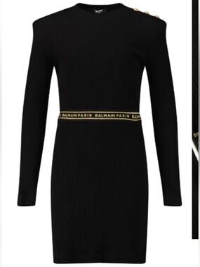 Balmain Black Long Sleeve Ribbed Knit Dress with Gold Logo Waistband